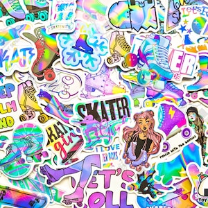 May include: A collection of colourful holographic stickers featuring roller skating themes. The stickers feature various designs, including skaters, skateboards, and phrases like "Keep Calm and Roll On" and "Let's Roll".