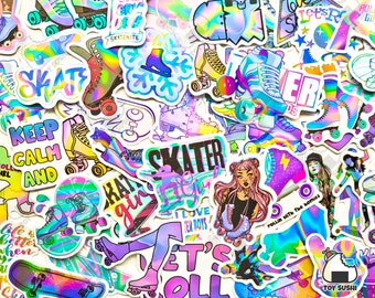 50 pcs &quot;Roller Skates Holographic&quot; Sticker Pack | Skating Party Gifts | Skate Boards | Impala | Retro Roller Disco | Roller Derby Stickers