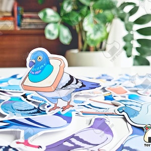 May include: A sticker sheet featuring a cartoon pigeon wearing a slice of bread on its head. The sticker sheet also includes other pigeon designs in various poses and colours. The sticker sheet is on a white surface with a plant in the background.
