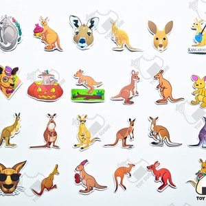 May include: A set of 20 colorful kangaroo stickers featuring various poses and expressions. The stickers include kangaroos wearing hats, playing guitar, holding a baby kangaroo, and more. The stickers are perfect for adding a touch of Australian charm to your belongings.