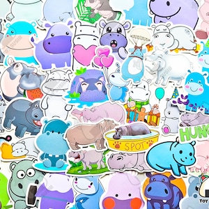 Lot de 50 autocollants « Hippopotame » | Hippopotame affamé | Art hippopotame | Animaux de zoo | Cadeau bébé | Cadeau baby shower | Chambre de bébé garçon | Bébé hippopotame