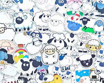 May include: A sheet of colorful stickers featuring cartoon sheep and lambs. The stickers are white, black, and blue with various expressions and poses. The stickers are perfect for adding a touch of whimsy to journals, planners, and other craft projects.