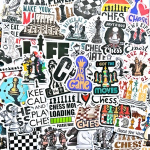 May include: A collection of colourful stickers featuring chess pieces, chessboards, and chess-themed phrases. The stickers are printed on white paper and have a glossy finish. Some of the phrases on the stickers include "Make Your Move", "Checkmate", "I Got The Moves", and "Chess Is My Game".