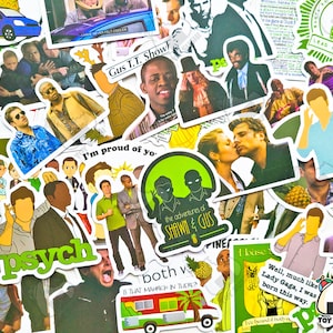 Paquete de 50 pegatinas de "Psych" / Piña / Shawn Spencer / Gus / Regalos de detectives / Programas de TV divertidos / Regalos para amantes de la televisión / Pegatinas de comedia