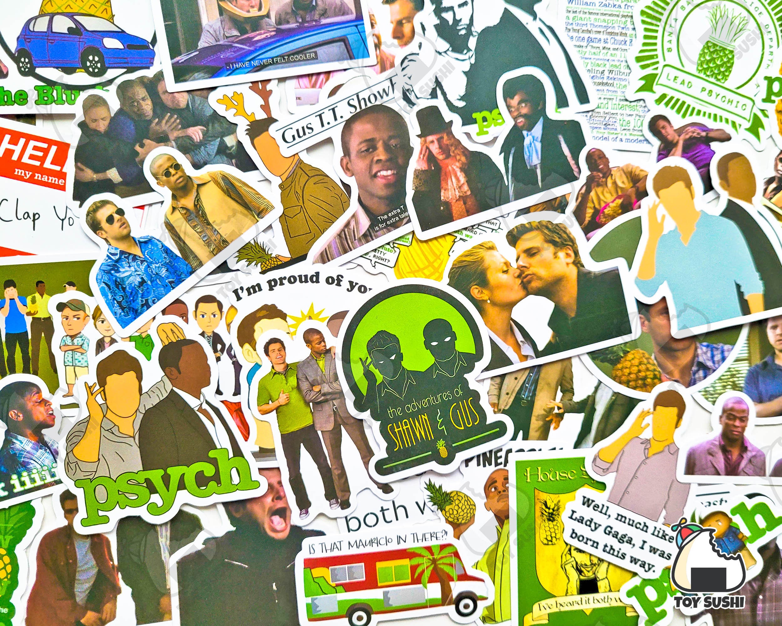 50 pcs "Psych" Sticker Pack | Pineapple | Shawn Spencer | Gus | Detective Gifts | Funny TV Show | TV Lover Gifts | Comedy Sitcom Stickers
