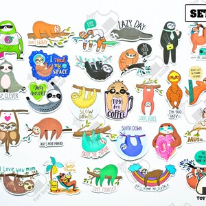 May include: Set of 24 sloth themed stickers with various sayings and designs. The stickers feature sloths in different poses, including hanging upside down, sleeping, and holding coffee mugs. Some of the sayings include "Lazy Day", "Slow Down", "Good Vibes", and "I'm too lazy".