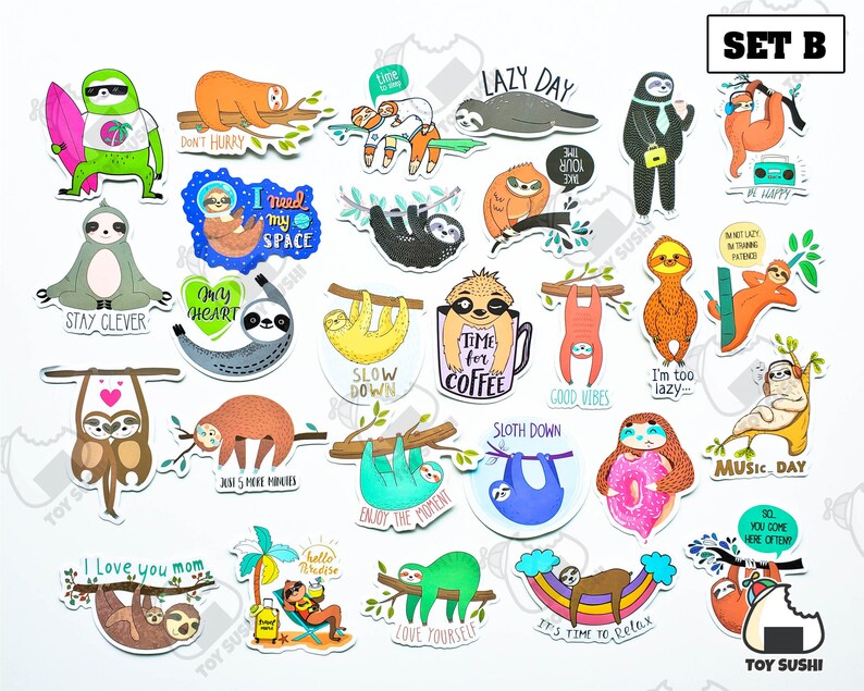 May include: Set of 24 sloth themed stickers with various sayings and designs. The stickers feature sloths in different poses, including hanging upside down, sleeping, and holding coffee mugs. Some of the sayings include "Lazy Day", "Slow Down", "Good Vibes", and "I'm too lazy".