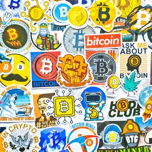 May include: A collection of colorful stickers featuring the Bitcoin logo and related imagery. The stickers include various designs, such as a Bitcoin logo with a crown, a Bitcoin logo with a marijuana leaf, and a Bitcoin logo with a cat wearing VR goggles. The stickers are arranged in a random pattern on a white background.