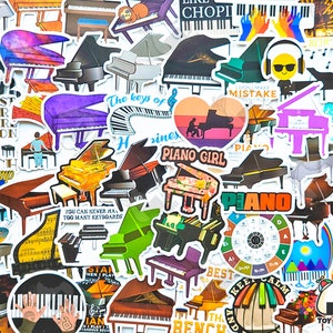 Lot de 50 autocollants « Piano » | Cadeau pour professeur de piano | Oeuvres d'art pour piano | Piano à queue | Décor de musicien | Amateur de musique | Professeur de musique | Cadeau pianiste