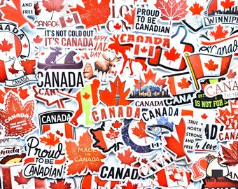 May include: A collection of assorted stickers featuring Canadian themes, including red maple leaves, the Canadian flag, wildlife like moose and beavers, and text such as "Proud to be Canadian," "True North Strong and Free," and "Canada."