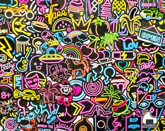 100 pcs "Neon Sign" Sticker Pack | Sticker Bomb | Adult Stickers | Aesthetic stickers | Christmas sign | 80s Stickers | 90s | Neon Lights