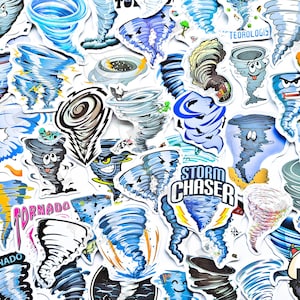 May include: A collection of assorted stickers featuring various cartoon-style tornadoes in shades of blue, gray, and white. Some designs include text such as TORNADO and STORM CHASER, while others depict swirling wind funnels with faces, lightning, and debris.