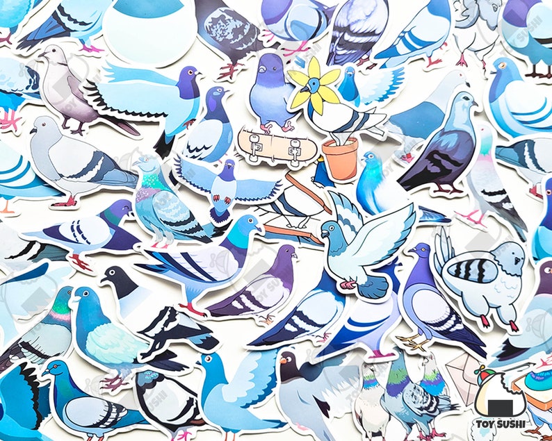 May include: A collection of blue and white pigeon stickers. The stickers are arranged in a random pattern and feature different poses of pigeons. The stickers are perfect for adding a touch of whimsy to any surface.