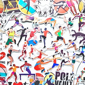 Könnte beinhalten: Eine Sammlung bunter Aufkleber mit verschiedenen sportlichen Aktivitäten wie Laufen, Springen und Werfen. Die Aufkleber sind im Cartoon-Stil gestaltet und zeigen eine Vielzahl von Farben und Mustern.
