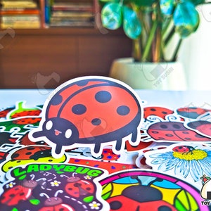 May include: A collection of colorful ladybug stickers with a cartoon ladybug sticker in the center. The stickers feature various designs, including a ladybug on a flower, a ladybug with the word "ladybug" written below it, and a ladybug with black dots on its red shell.