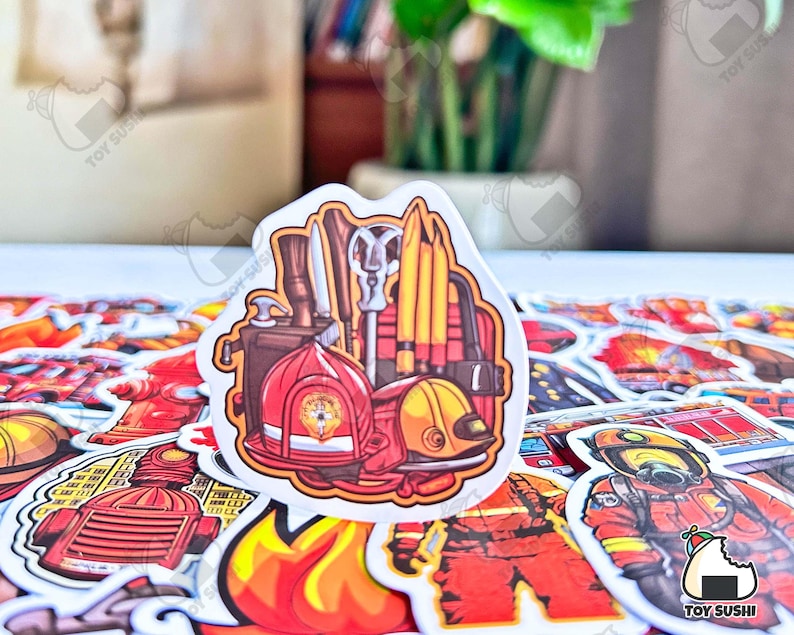 May include: A sheet of colorful firefighter themed stickers. The stickers feature a variety of images, including a fire truck, a fireman's helmet, and a fire hydrant. The stickers are perfect for adding a touch of fun to any project.