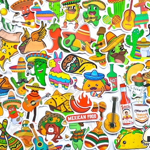 Lot de 50 autocollants « Cuisine mexicaine » | Poncho | Cinco Mayo | Cuisine maison | Autocollants kawaii | Clipart tacos | Piquant Épicé