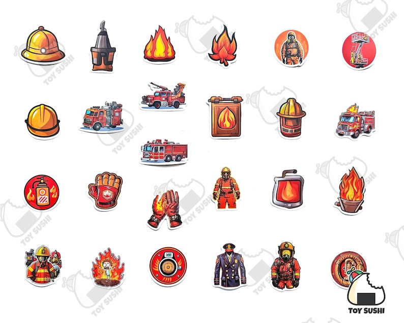 May include: A set of 24 colorful stickers featuring various fire-themed illustrations, including firefighters, fire trucks, fire hydrants, and flames. The stickers are perfect for adding a touch of fun and personality to laptops, water bottles, notebooks, and more.