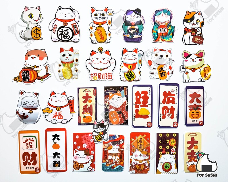 May include: A collection of colorful stickers featuring lucky cats, Japanese characters, and other good luck symbols. The stickers are perfect for adding a touch of whimsy and good fortune to your belongings.