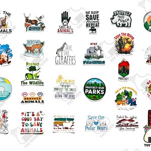 May include: A collection of colorful round stickers with animal-themed designs and slogans promoting animal conservation. The stickers feature various animals, including giraffes, rhinos, polar bears, and bees, along with messages like "Save the Animals", "Protect the Wildlife", and "Be Kind to Every Kind".