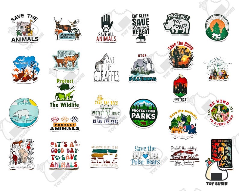 May include: A collection of colorful round stickers with animal-themed designs and slogans promoting animal conservation. The stickers feature various animals, including giraffes, rhinos, polar bears, and bees, along with messages like "Save the Animals", "Protect the Wildlife", and "Be Kind to Every Kind".