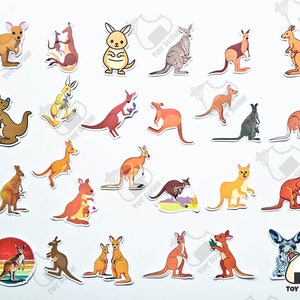 May include: A set of 25 colorful kangaroo stickers with various poses and designs. The stickers feature kangaroos with their joeys in their pouches, some with flowers, and others with a retro sunset background. The stickers are perfect for adding a touch of Australian wildlife to your belongings.