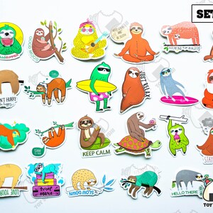 May include: Set of 20 colorful sloth stickers with various sayings and designs. The stickers feature sloths in different poses, including surfing, meditating, and holding a watermelon. Some of the sayings include "Hello Summer", "Good Mood", "Keep Calm and Be Sloth", "Just Relax", "Stay Cool", and "Love Yourself".