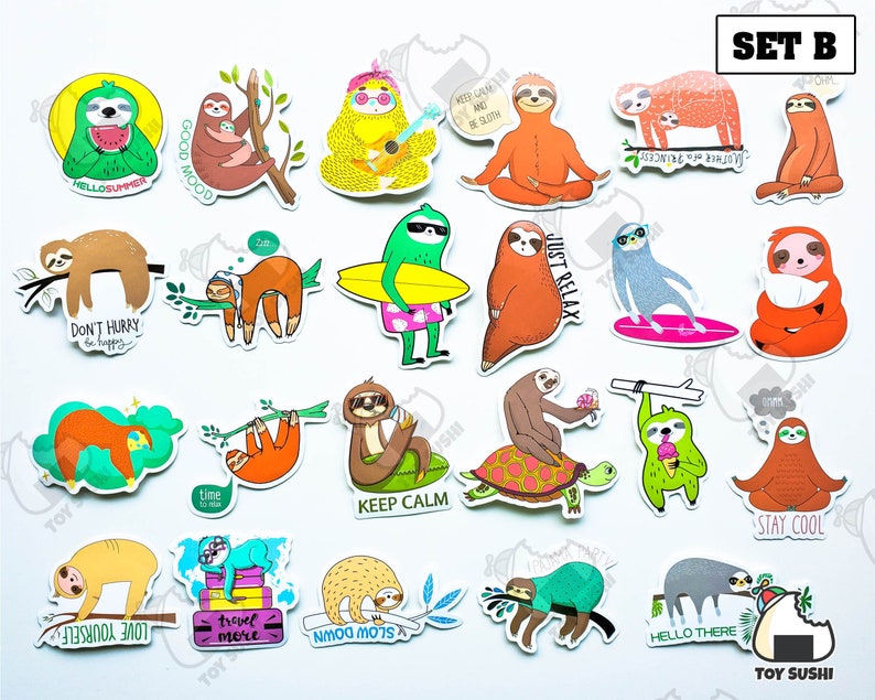 May include: Set of 20 colorful sloth stickers with various sayings and designs. The stickers feature sloths in different poses, including surfing, meditating, and holding a watermelon. Some of the sayings include "Hello Summer", "Good Mood", "Keep Calm and Be Sloth", "Just Relax", "Stay Cool", and "Love Yourself".
