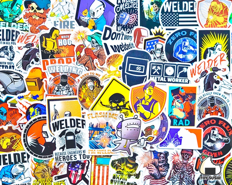 May include: A collection of colorful stickers featuring various welding-themed designs. The stickers showcase welders, sparks, and text like "Welder," "Zero Flux," and "Because Engineers Need Heroes Too." The stickers are in various shapes and sizes.