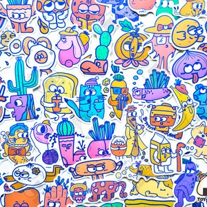 50 pcs "Street Art Food Creatures" Sticker Pack | Abstract Art | Doodle | Contemporary | Cartoon | Aesthetic Stickers | Food Planner Sticker
