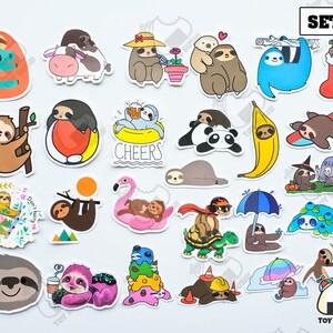 May include: Set of 25 colorful sloth stickers with various designs, including a sloth holding a banana, a sloth wearing a witch hat, a sloth riding a turtle, and a sloth holding a cup of coffee. The stickers are perfect for adding a touch of whimsy to laptops, water bottles, journals, and more.
