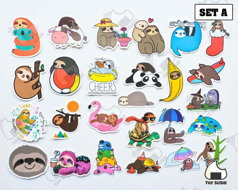 May include: Set of 25 colorful sloth stickers with various designs, including a sloth holding a banana, a sloth wearing a witch hat, a sloth riding a turtle, and a sloth holding a cup of coffee. The stickers are perfect for adding a touch of whimsy to laptops, water bottles, journals, and more.