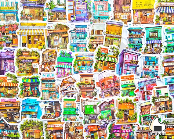 50 pcs "Japanese Shops" Sticker Pack | Japan Shop Sign | Lucky Cat | Japanese Furniture | Featured Shops | Japan Antique | Japanese Street