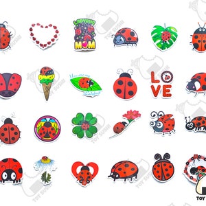 May include: A set of 20 ladybug stickers with various designs, including hearts, flowers, and the words "Ladybug Mom".