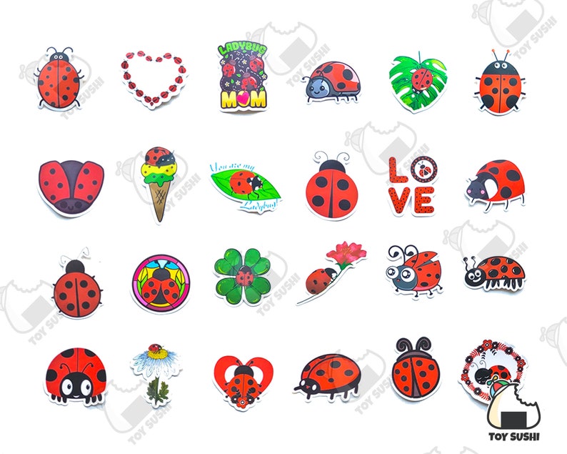 May include: A set of 20 ladybug stickers with various designs, including hearts, flowers, and the words "Ladybug Mom".