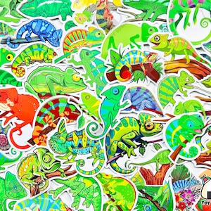 May include: A collection of colourful chameleon stickers with various poses and designs. The stickers feature green, blue, red, yellow, and orange chameleons with intricate details. The stickers are perfect for adding a touch of whimsy to any project.