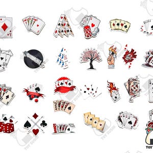 May include: A collection of 25 colorful stickers featuring playing cards, casino chips, and other gambling-themed designs. The stickers are perfect for adding a touch of fun to laptops, water bottles, and other surfaces.