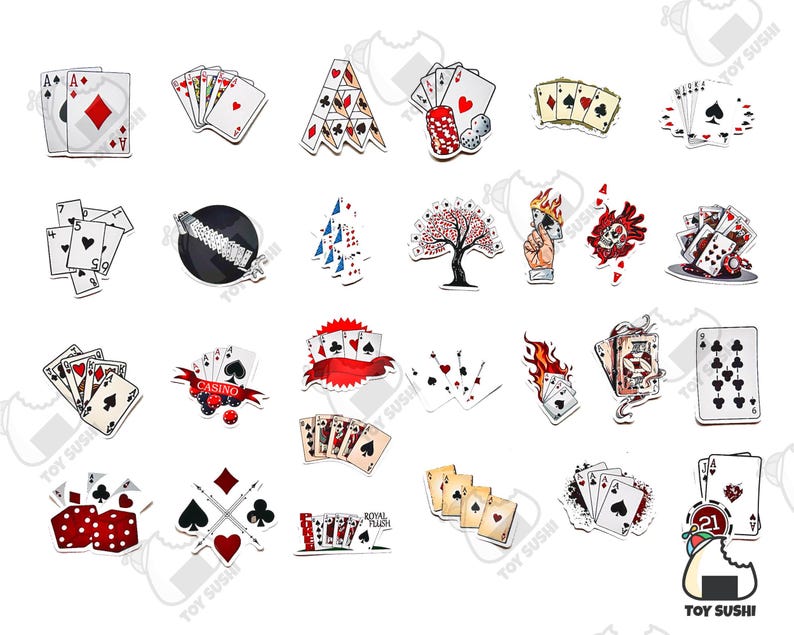 May include: A collection of 25 colorful stickers featuring playing cards, casino chips, and other gambling-themed designs. The stickers are perfect for adding a touch of fun to laptops, water bottles, and other surfaces.