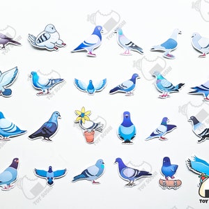 May include: A collection of 24 blue and white pigeon stickers. The pigeons are in various poses, including flying, sitting, and standing. Some of the pigeons have flowers or other decorations. The stickers are all on a white background.