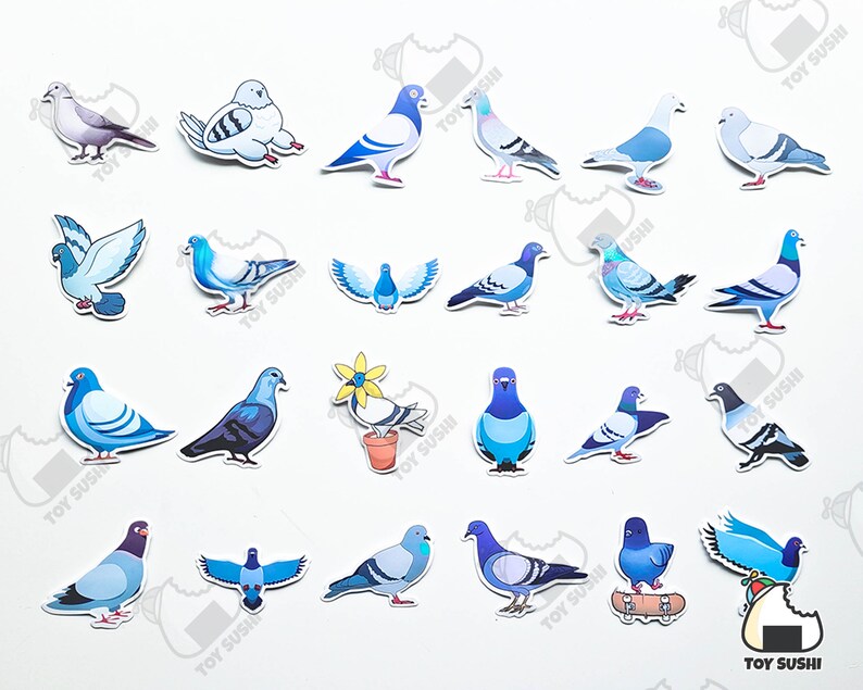May include: A collection of 24 blue and white pigeon stickers. The pigeons are in various poses, including flying, sitting, and standing. Some of the pigeons have flowers or other decorations. The stickers are all on a white background.