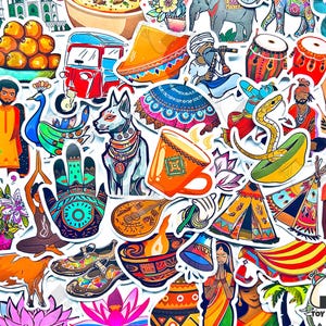 Pacote de adesivos "Cultura da Índia" com 50 peças | Lótus | Elefante indiano | Vishnu | Scrapbook Índia | Tuk Tuk | Taj Mahal | Adesivos de hena Mehndi