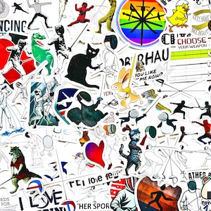 May include: A collage of stickers featuring fencing illustrations, cartoon animals, and text. The stickers include images of fencers in action, a black cat, a green dinosaur, and a rainbow-colored circle with swords.