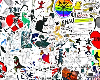 50 pcs "Fencing" Vinyl Stickers Pack – Sword Fighter Decal, Waterproof Laptop Sticker, Fencer Gift, Sports Team Favor, Saber Epee Foil Decor