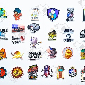May include: A collection of colorful stickers featuring various welding-themed designs. The stickers showcase images of welders, welding helmets, and patriotic themes, with text like "Welder," "World's Okayest Welder," and "A Welder Melted My Heart."