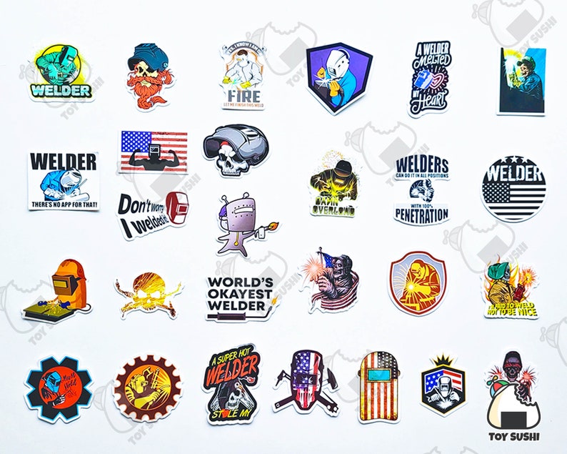 May include: A collection of colorful stickers featuring various welding-themed designs. The stickers showcase images of welders, welding helmets, and patriotic themes, with text like "Welder," "World's Okayest Welder," and "A Welder Melted My Heart."