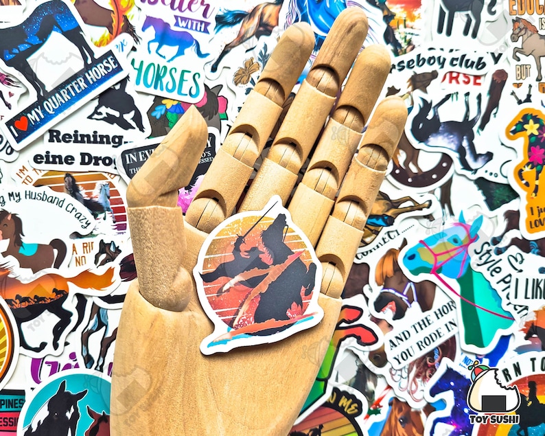 May include: A collection of horse-themed stickers, including a sticker with a silhouette of a rider on a horse against a sunset background.
