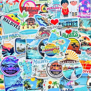Pacote de adesivos "Maldivas" com 50 peças | Diário de cartão de embarque | Arte de parede tropical | Adesivos de mala | Presentes das Maldivas | Lua de mel | Adesivos de viagem