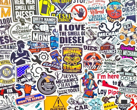 50 pcs "Diesel Mechanic" Sticker Pack | Truck Car Decals | Garage Decor | Diesel Power | Toolbox Stickers | Handyman Gift | Mechanic Gifts