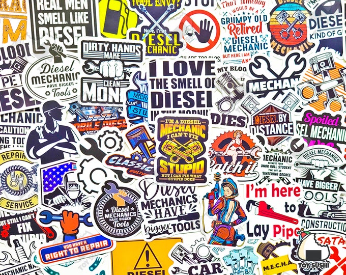 50 Pcs diesel Mechanic Sticker Pack Truck Car Decals Garage Decor ...