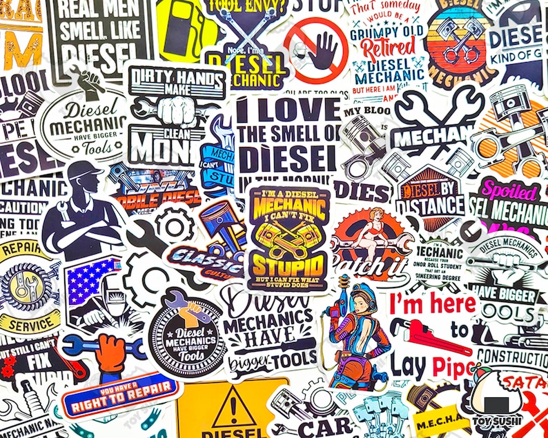 May include: A collection of colorful stickers featuring various designs related to diesel mechanics. The stickers feature phrases like "Real Men Smell Like Diesel", "Diesel Mechanic", "I Love The Smell Of Diesel", and "Diesel By Distance".